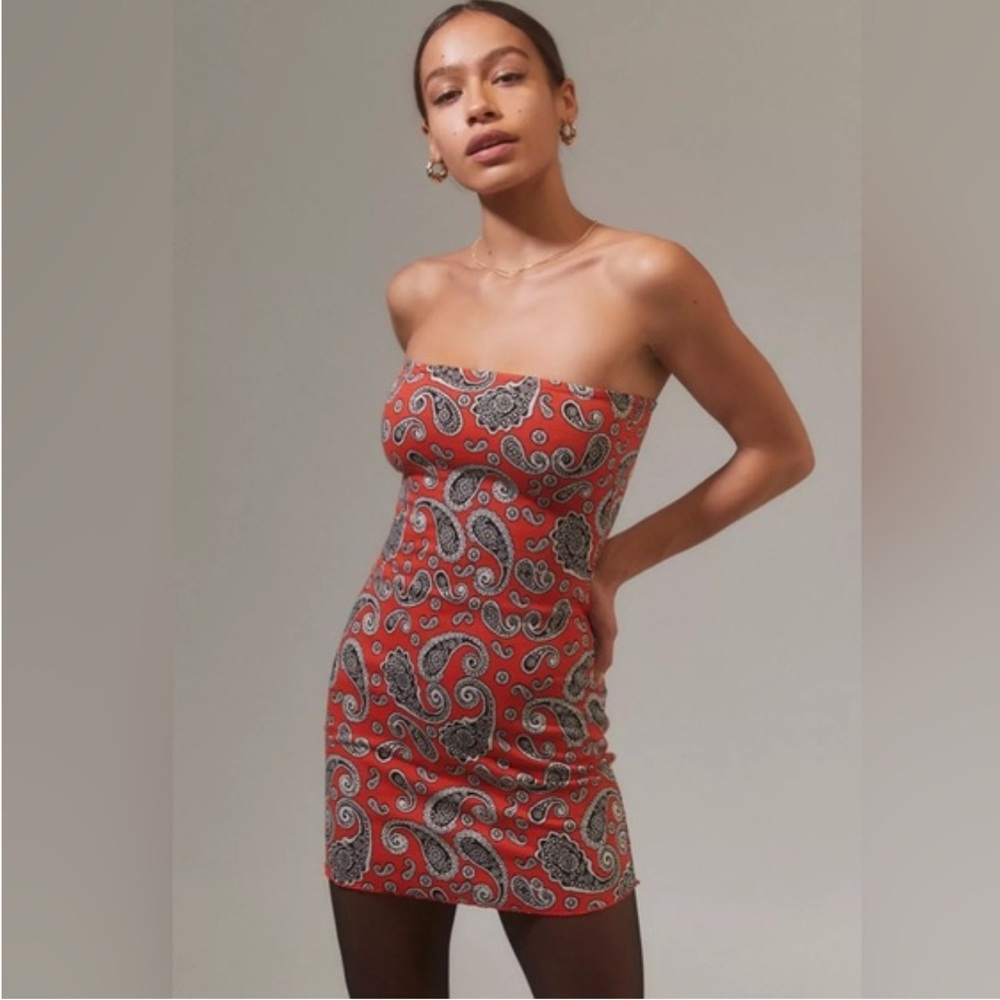 Urban Outfitters Red Paisley Strapless Dress